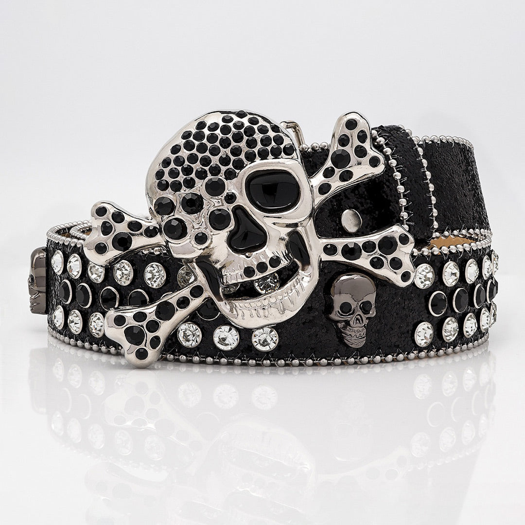 Black Skull Buckle with Black and White Stones Rhinestone Belt-Belts-The Rhinestone Belts