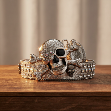 Silver Shiny Skull Buckle with Crystal Strap Rhinestone Belt – Luxury Handmade Designer Gift Bling