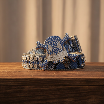 Gengar Buckle with Snake Blue Strap and Blue Studs Rhinestone Belt – Luxury Handmade Designer Gift Bling Men/Women