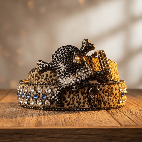 Gengar Buckle with Leopard Strap and Black Studs Rhinestone Belt