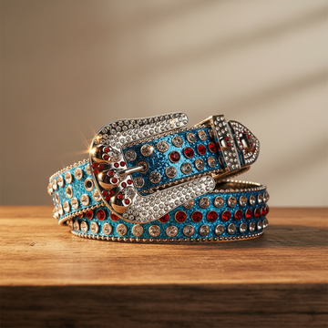 Blue Shiny Skull Buckle with Crystal Strap Rhinestone Belt – Luxury Handmade Designer Gift Bling Men Women