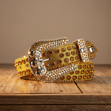 Gold Skull Buckle Rhinestone Belt – Luxury Gold Crystal Strap | Handcrafted – Handmade Designer Gift Bling Men/Women