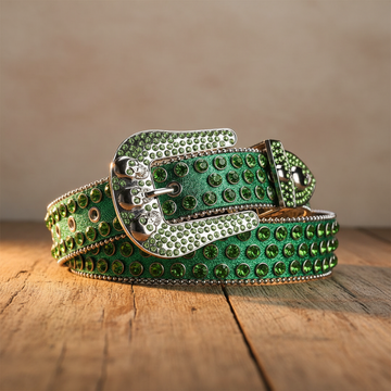 Green Shiny Skull Buckle with Green Crystal Strap Rhinestone Belt