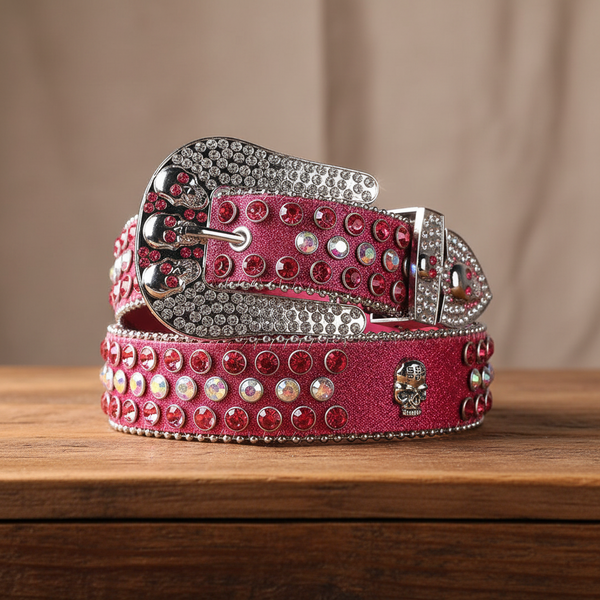 Pink Shiny Skull Buckle with Crystal Strap Cowgirl Rhinestone Belt
