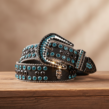 Engraved Buckle with Black Strap and Blue Stones Rhinestone Belt