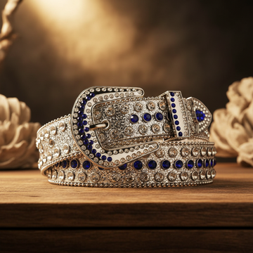 Silver Strap With Silver & Blue Studded Rhinestone Belt – Luxury Handmade Designer Gift Bling