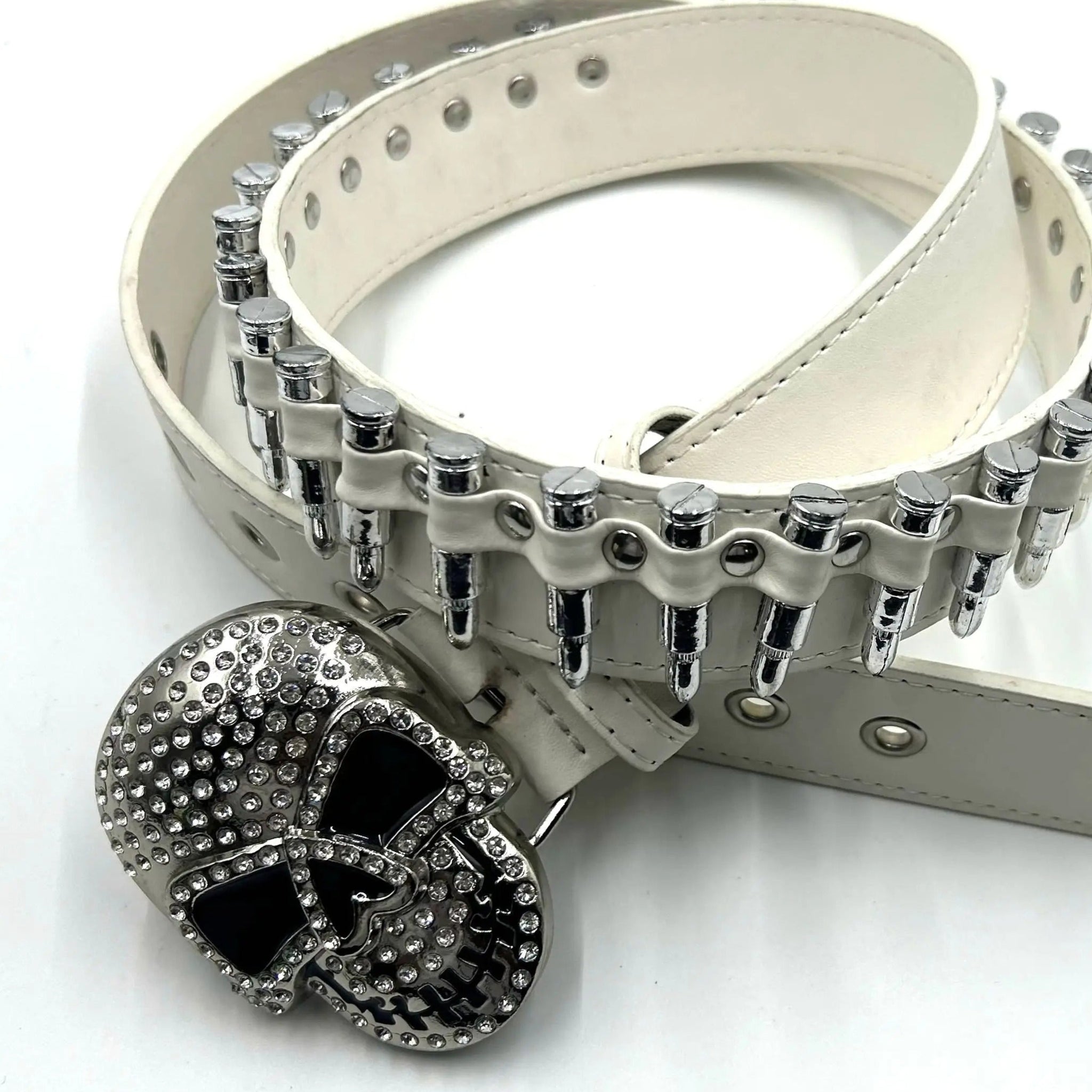 Skull Rhinestone Belt with Bullets White Strap