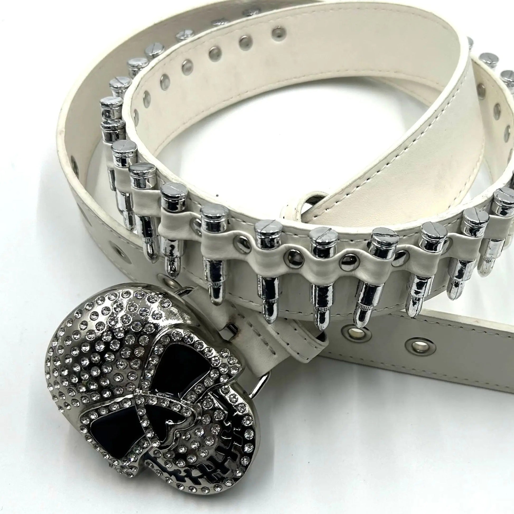 Skull Rhinestone Belt with Bullets White Strap
