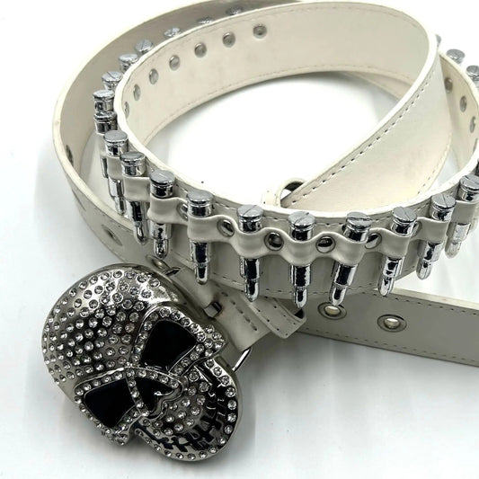 Skull Rhinestone Belt with Bullets White Strap