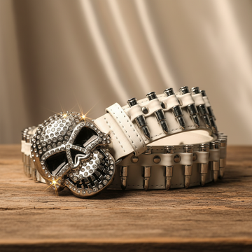 Skull Rhinestone Belt with Bullets White Strap