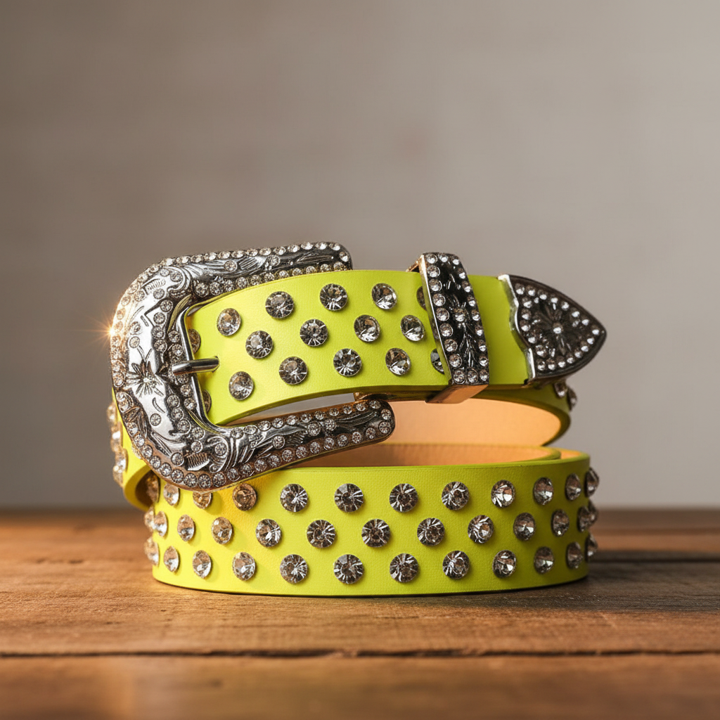Yellow rhinestone belt with silver-toned buckle and dark accents, round stones