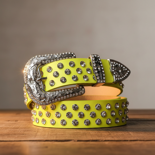 Yellow rhinestone belt with silver-toned buckle and dark accents, round stones