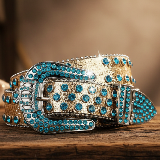 Wide blue rhinestone and gold glitter belt with ornate buckle, center gem details
