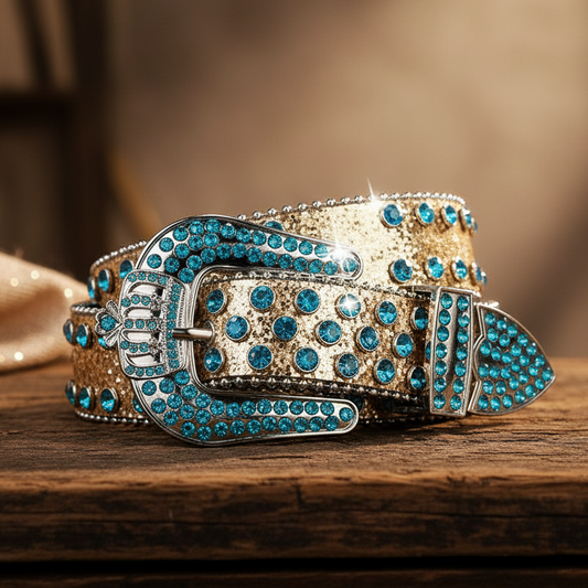 Gold glitter belt with blue rhinestone buckle, star-like studs and patterned rows
