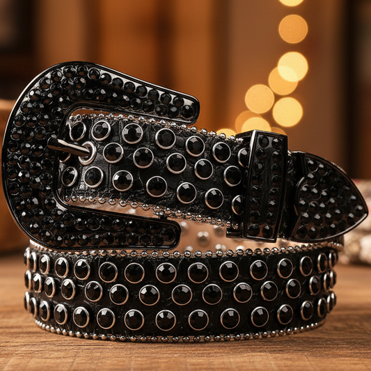 Black rhinestone belt with silver-toned buckle and circular studs