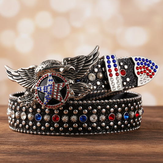 Rhinestone belt with winged star crest and cutout end, black with blue red and white gems
