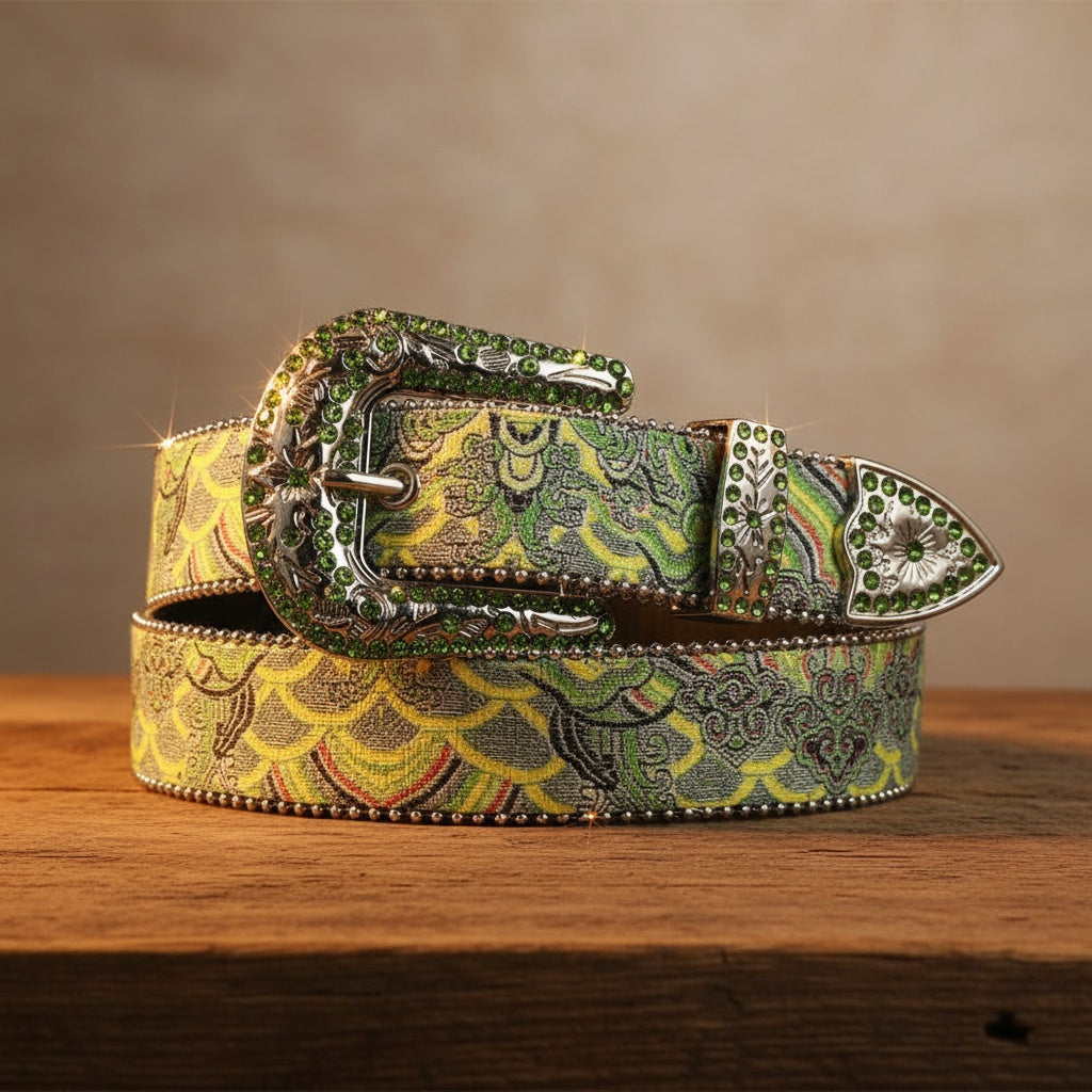 Rhinestone art-style belt with silver buckle and colorful scalloped pattern on green strap