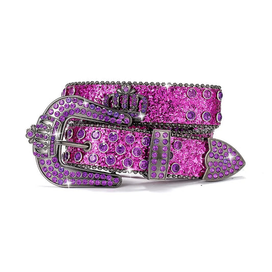 Purple glitter western belt with diamond-studded crown buckle and oval stones