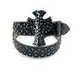 Rhinestone belt with cross buckle, black and silver-toned stones, pointed prong end