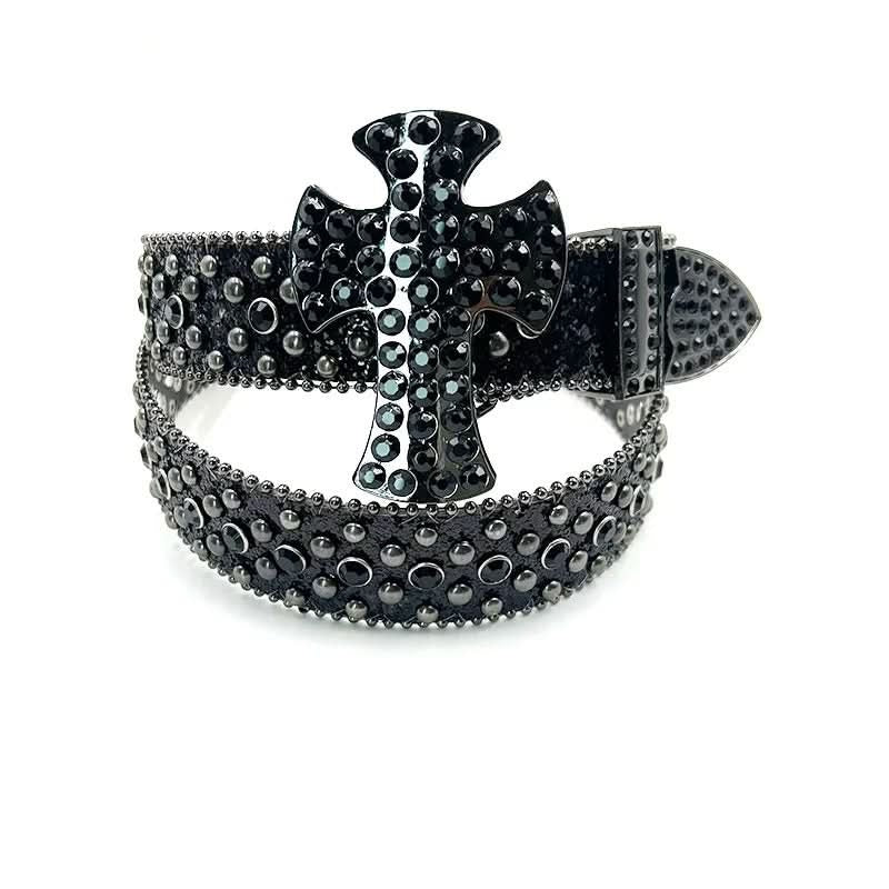 Rhinestone belt with cross buckle, black and silver-toned stones, pointed prong end