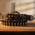 Gothic skeleton-hand belt with rhinestone triangle end and studded spike border