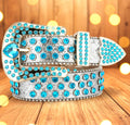 Blue crystal rhinestone belt with heart buckle and silver-studded strap