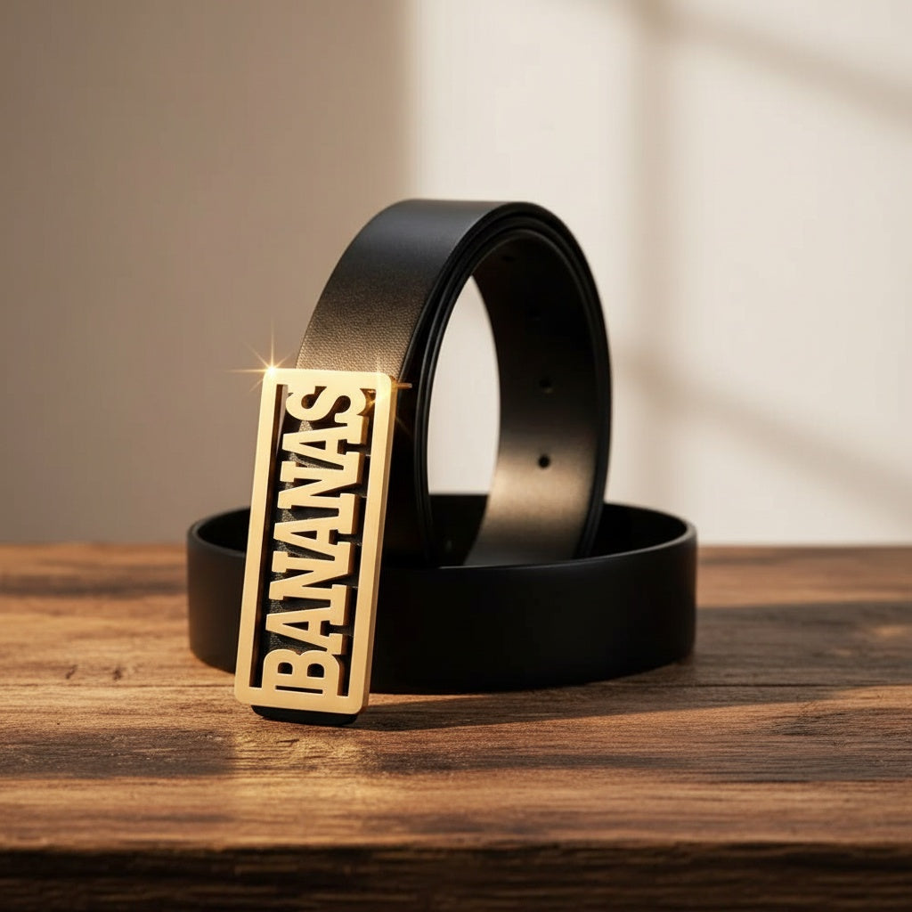 Gold custom-name belt buckle with black lettering on black belt, standing view