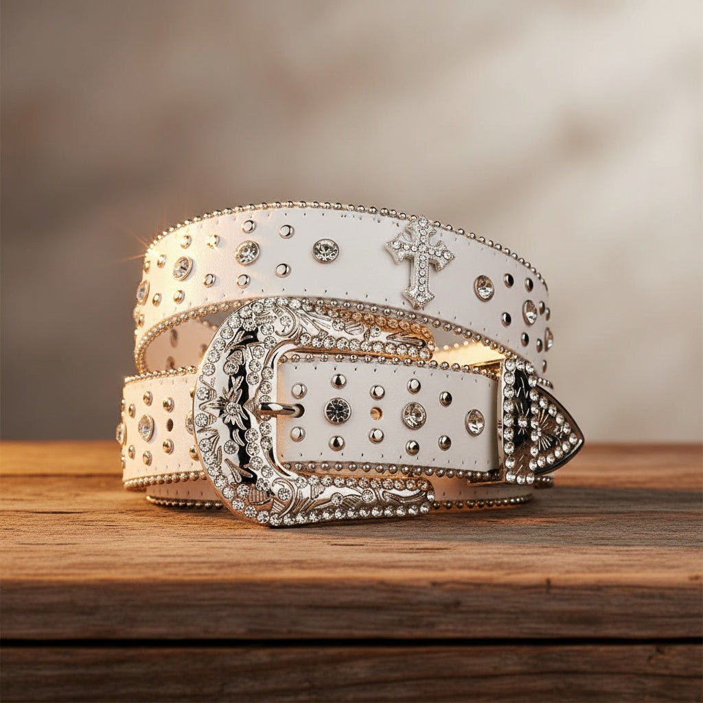 White rhinestone belt close-up with cross charm and studded strap, silver buckle