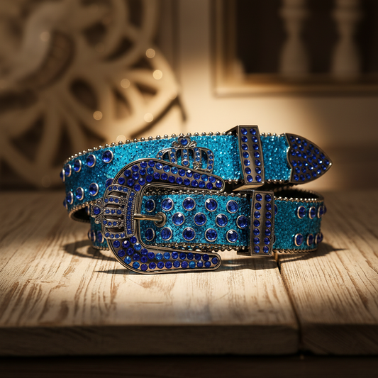 Blue glitter rhinestone western belt with crown buckle and stud rows, side view