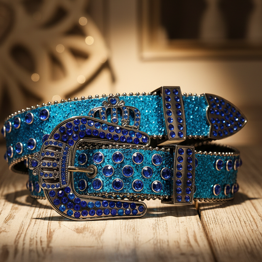 Blue glitter western belt with rhinestone crown buckle, diamond studs, and metal buckle