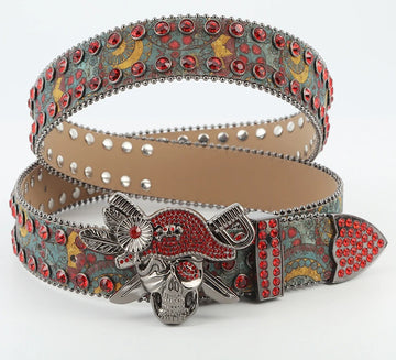 Red Pirate Skull Buckle Rhinestone Belt