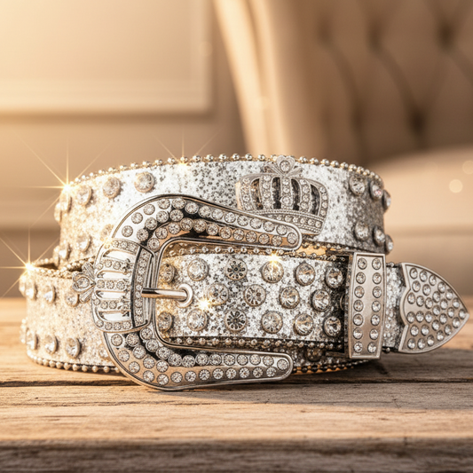 Close-up: silver rhinestone western belt buckle with crown motif and circular stones