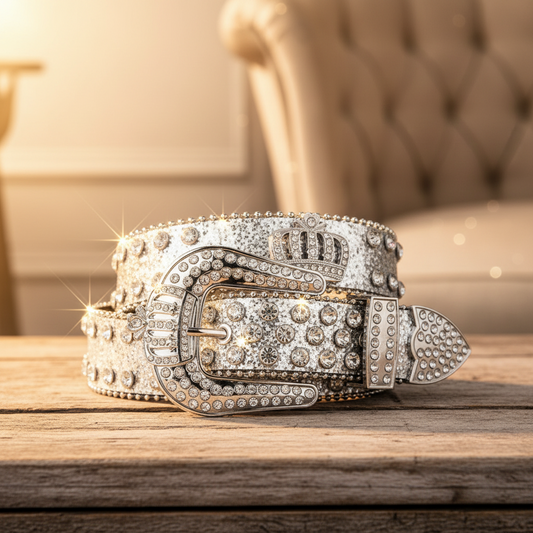 Silver glitter rhinestone western belt, large rectangular buckle with crown centerpiece