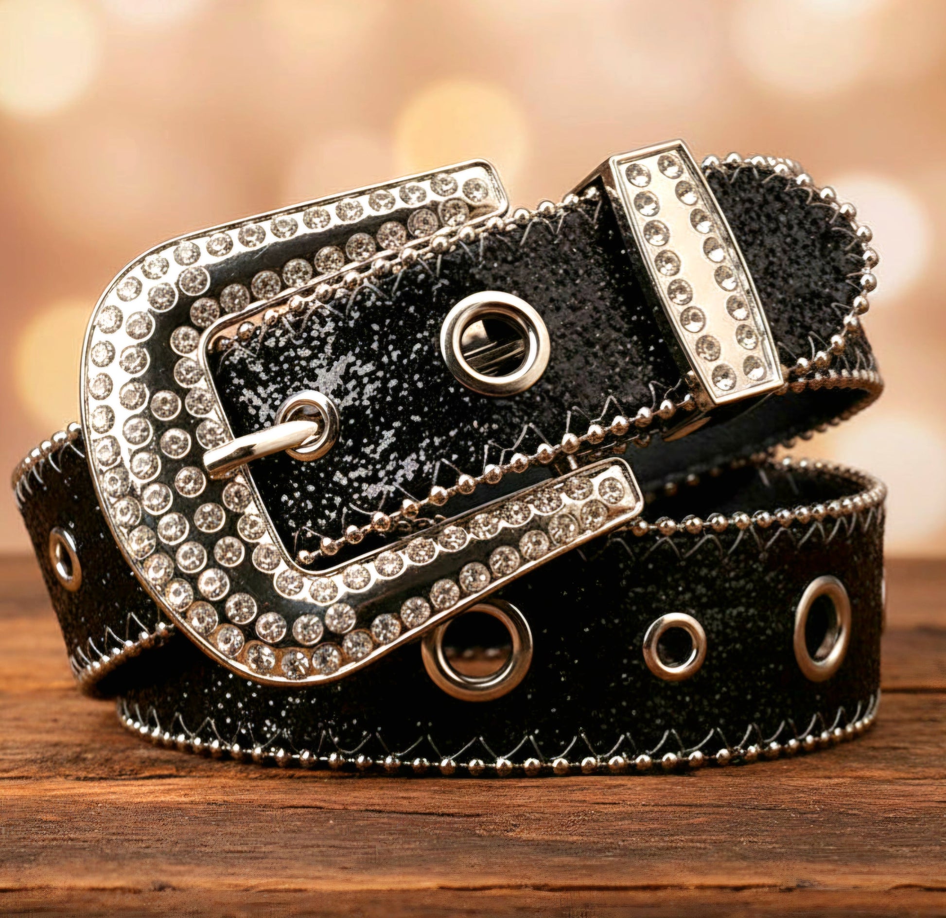 Black glitter belt with silver rhinestone buckle and metal eyelets