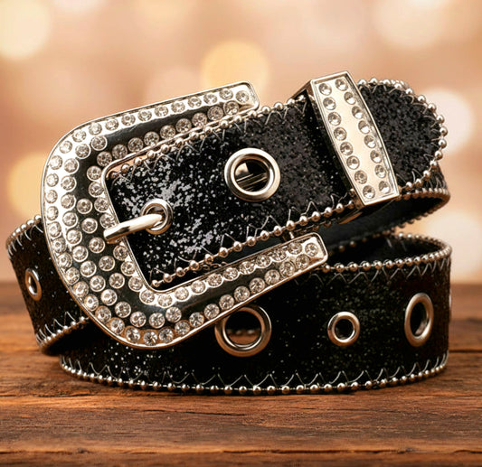 Black glitter rhinestone belt with crystal buckle and silver grommets