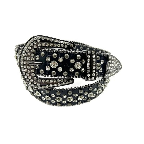 Women Rhinestone Belt for Jeans, Men Western Cowgirl Bling Studded Belt Faux Crocodile Grain Leather