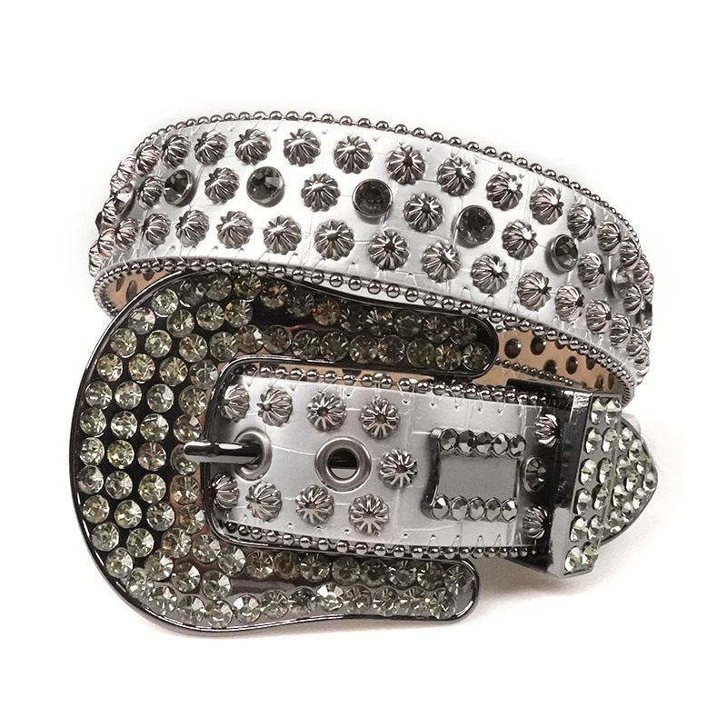 Silver Rhinestone Western Belt with Starburst Studs