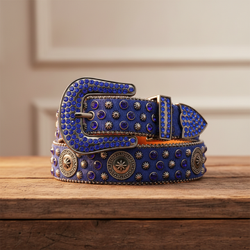 Starburst Stud and Blue Crystal Skull Rhinestone Fur Belt