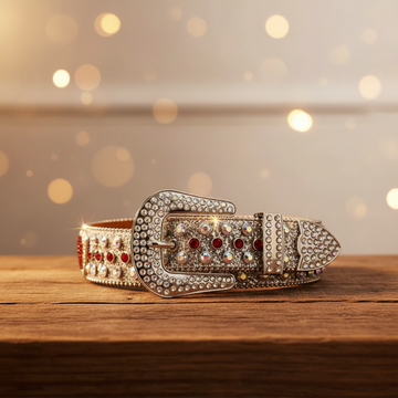 Red Heart Rhinestone Belt with Silver Strap – Luxury Handmade Designer Gift Bling