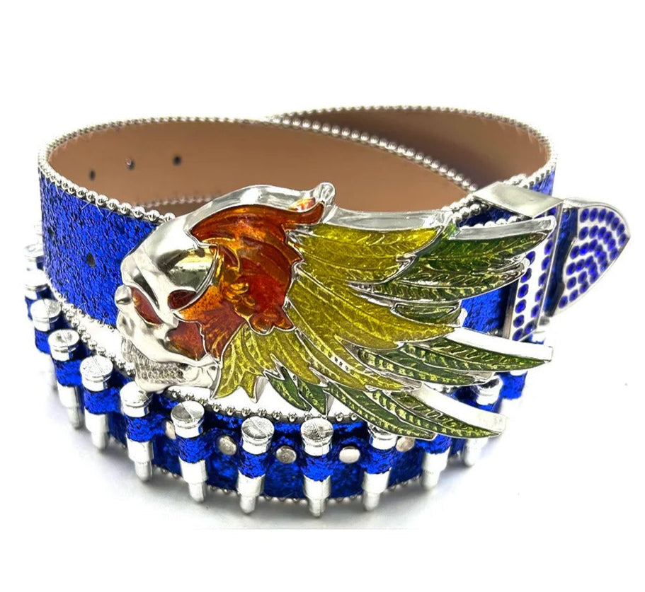 Feathers Skull Rhinestone Belt – Blue Glitter Bullet Strap