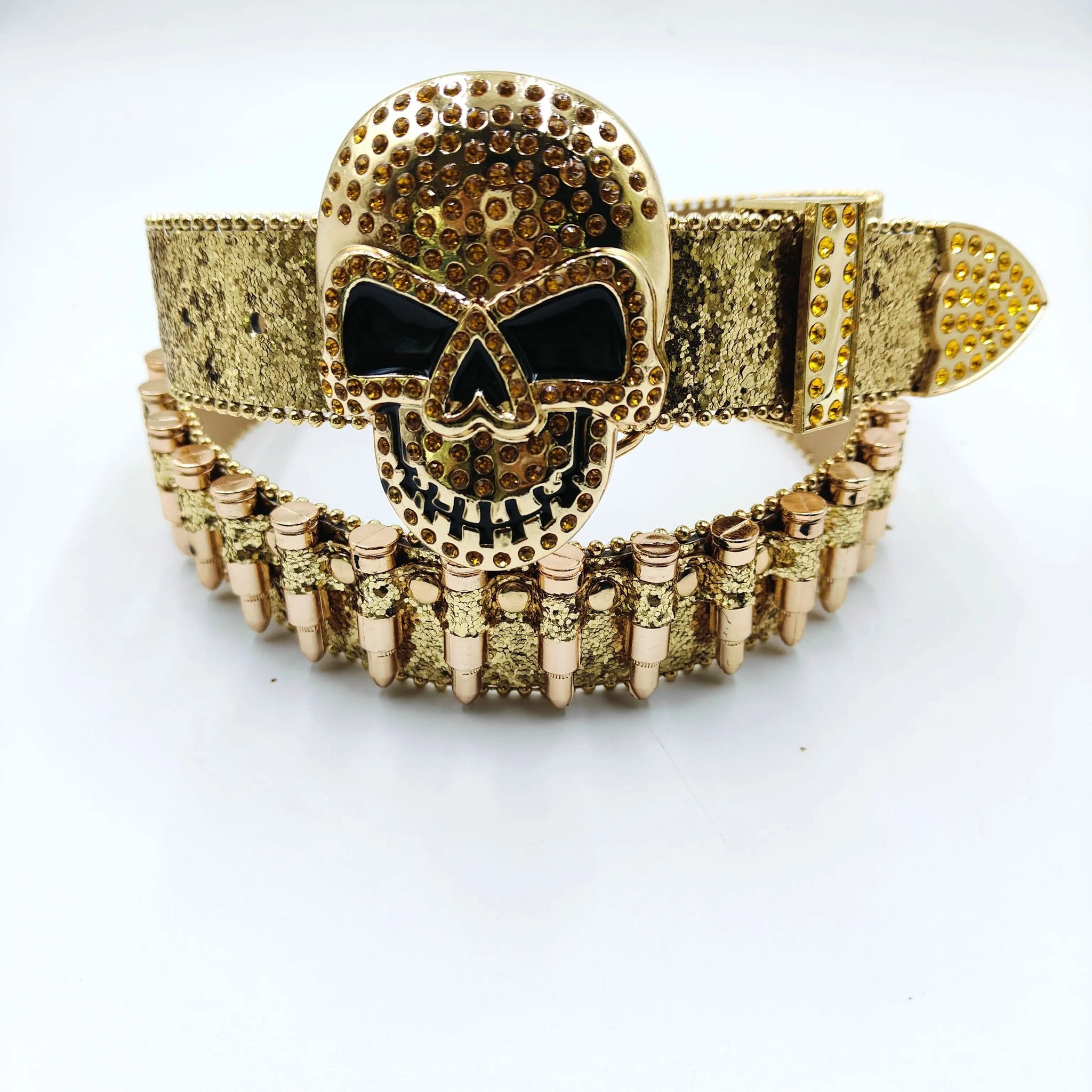 Gold Skull Rhinestone Belt with Gold Bullet Strap