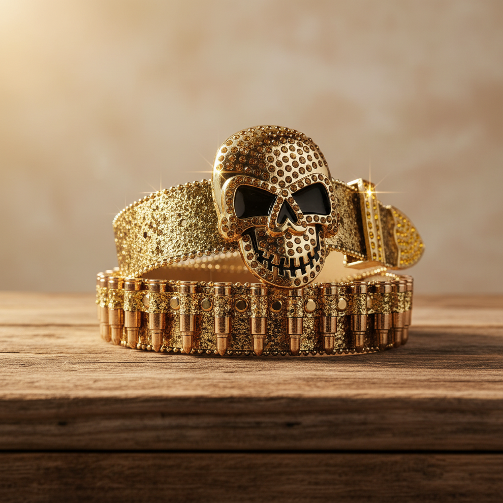 Gold Skull Rhinestone Belt – Premium Luxury Handcrafted Bullet Strap