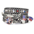 Decorative belt buckle with eagle design and colorful gemstones on a white background