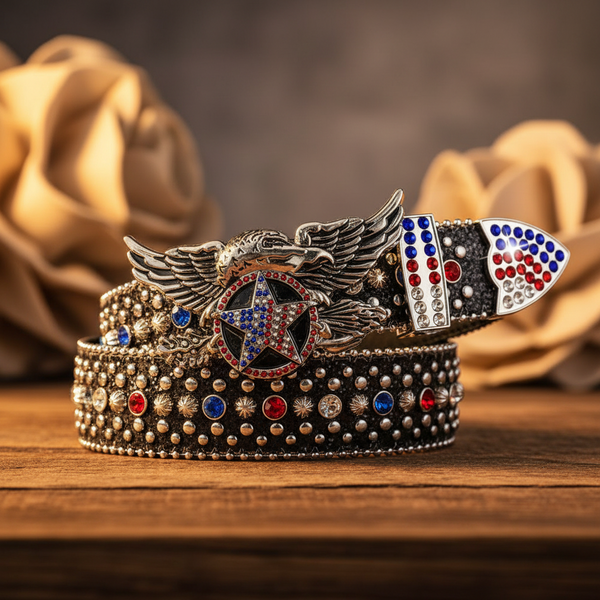 Rhinestone belt with winged star emblem buckle, black with blue red and white gems