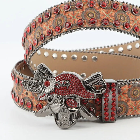 Red Hat Pirate Skull Buckle Rhinestone Belt Orange Theme