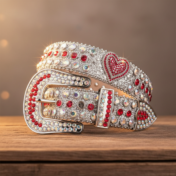 Red Heart Rhinestone Belt with Silver Glitter Belt
