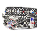 Decorative belt with an eagle emblem and colorful gemstones on a white background