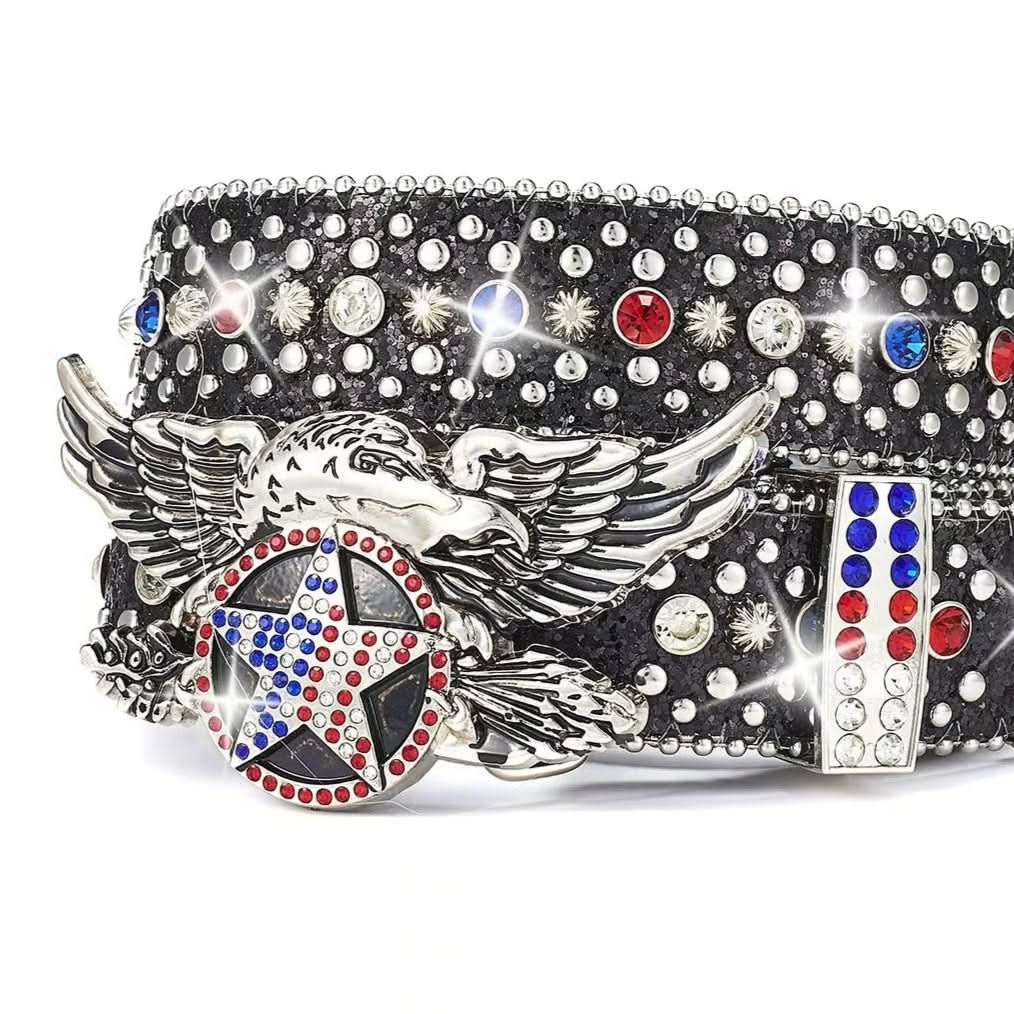 Decorative belt with an eagle emblem and colorful gemstones on a white background