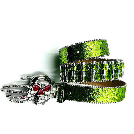 Skeleton Hand Rhinestone Bullet Belt with Green Glitter Strap