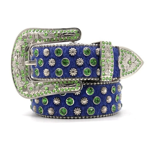 Engraving Navy Blue Strip Green Rhinestone Buckle Belt